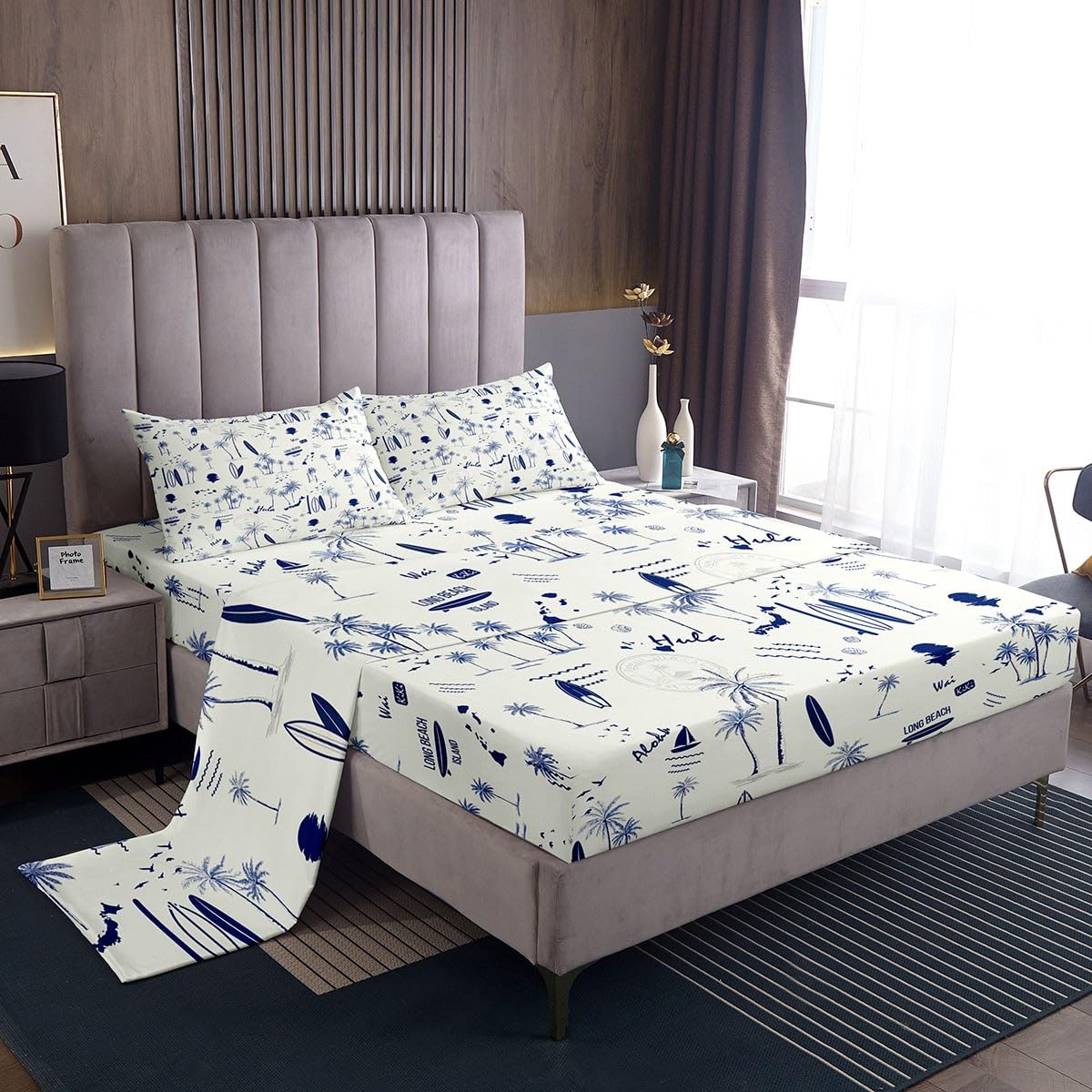 Coastal Beach Sheet Set King Size,Surfboard Sailboat Palm Tree Bedding Set 4Pcs for Kids Girls Boys Teens Room Decor Summer Ocean Life Bed Sheet Navy Blue White Fitted + Flat Sheet,2 Pillowcases