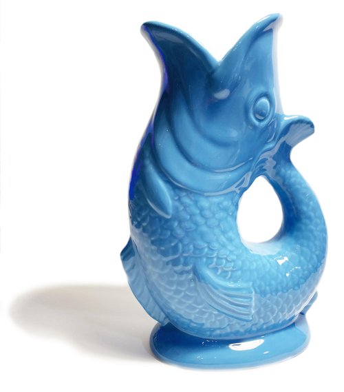 Sky Blue Porcelain Gurgle Fish Shaped Water Jug 50 ounces/ 1.5 liter Capacity 11 Inches High