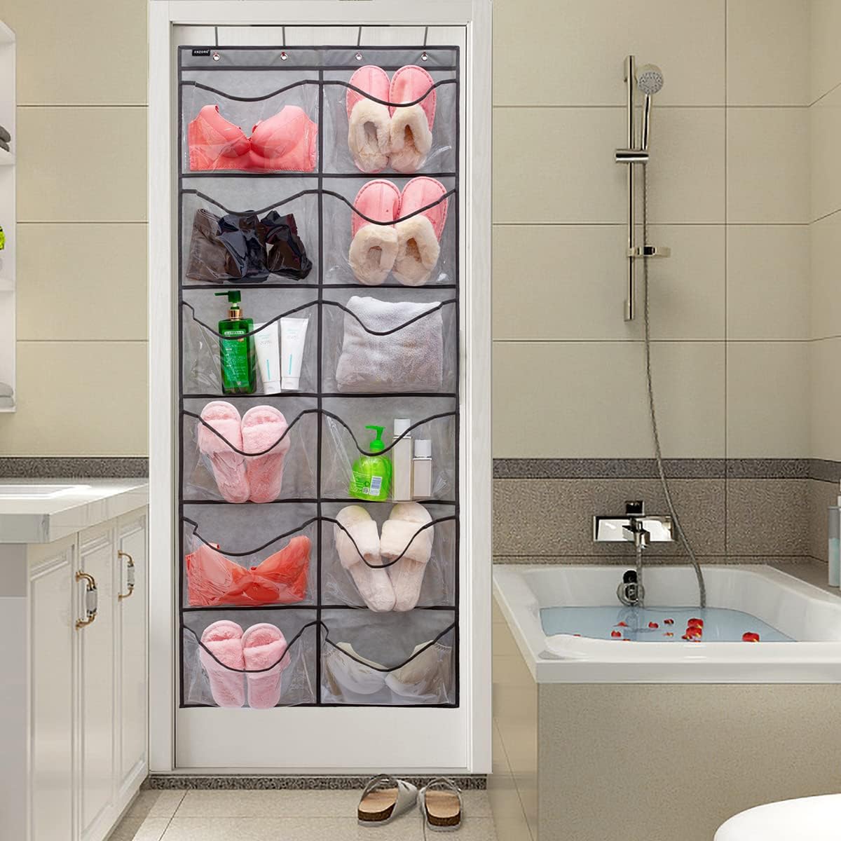 Skiennix Extra Large Shoe Organizer - 12 Clear Pockets for Bedroom & Bathroom Storage | Grey