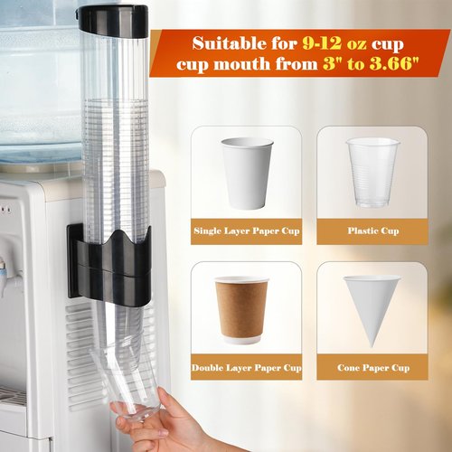 Samhe Upgraded Cup Dispenser, Wall Mount Pull Type Water Cooler Cup Holder for 9oz - 12oz Disposable Paper Plastic Cups for Home Office, with Magnetic Mounting Plate (Black)