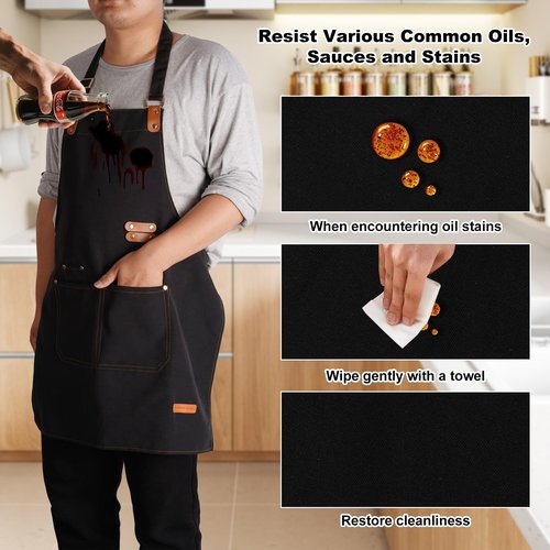 YAKOTAKI Chef Aprons for Women Men with Pockets(Functional and Large), Oil-Repellent & Water-Resistant Heavy-Duty Black Canvas with Adjustable Straps, Full-Coverage Protection for Cooking, Kitchen