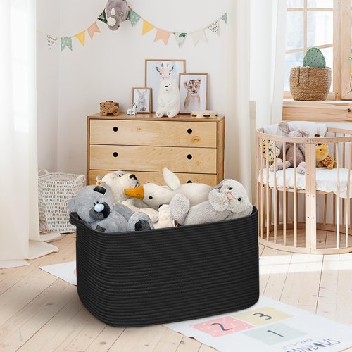 HONCESTA Extra Large Black Basket, 22" X 17" X 12" Rectangle Woven Bin for Storage, Soft Cotton Rope Kids Room Toy Box Bins, Big Wicker Basket Organizer for Blankets, Pillows, Laundry
