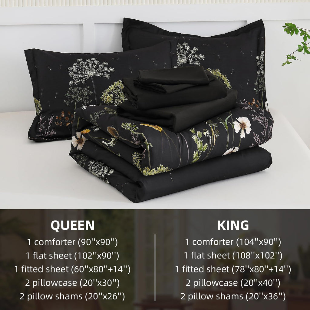Yiran Queen Comforter Set, 7 Piece Black Dandelion Floral Comforter Bedding Set, Winter Bed in a Bag Queen, Soft Microfiber Complete Bedding Set with Sheets for All Season