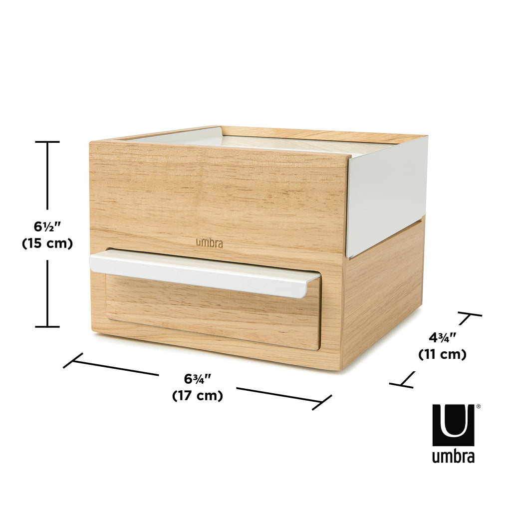 Umbra Mini Stowit Jewelry Box - Modern Keepsake Storage Organizer with Hidden Compartment Drawers for Ring, Bracelet, Watch, Necklace, Earrings, and Accessories (White/Natural)