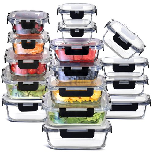 EATEX 32pc Glass Food Storage Containers with Lids, Airtight Glass Meal Prep, 16 Reusable Food Containers with 16 Leakproof Snap Lock Lids Oven Microwave Freezer Safe Lunch Containers