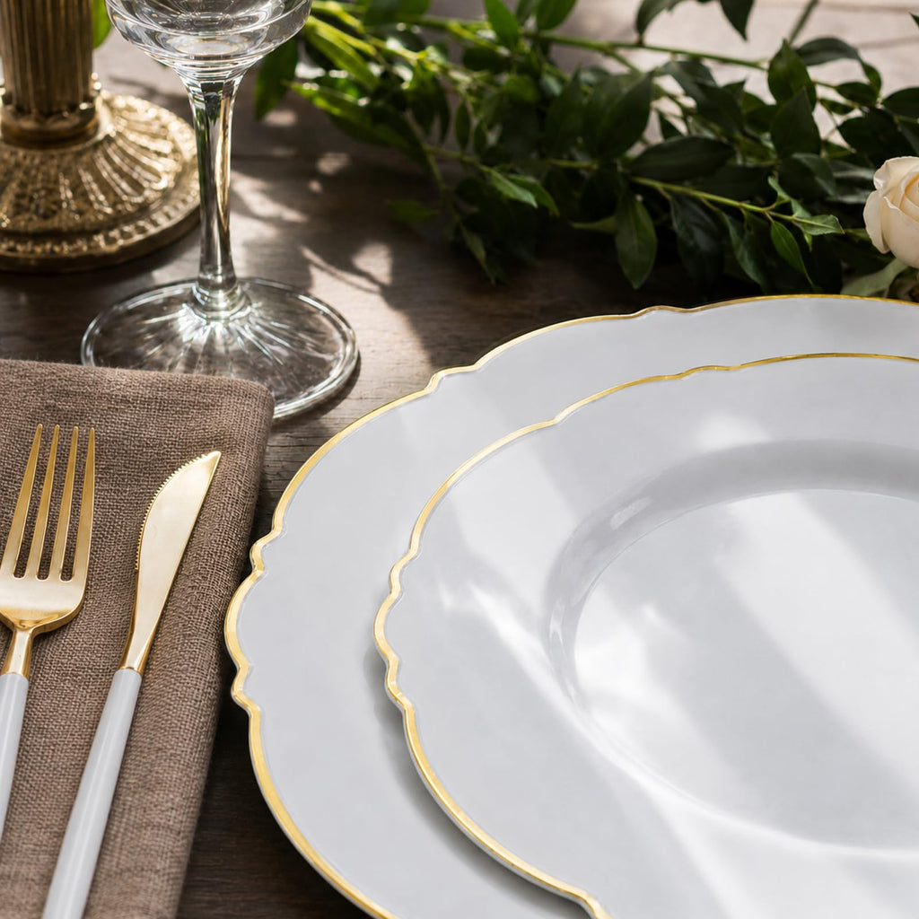 WDF 30Guest Gold Plastic Plates - High-end Baroque Design - 10.25&7.5in Wedding White and Gold Plates Disposable for Birthday/Baby Shower/Wedding/Party