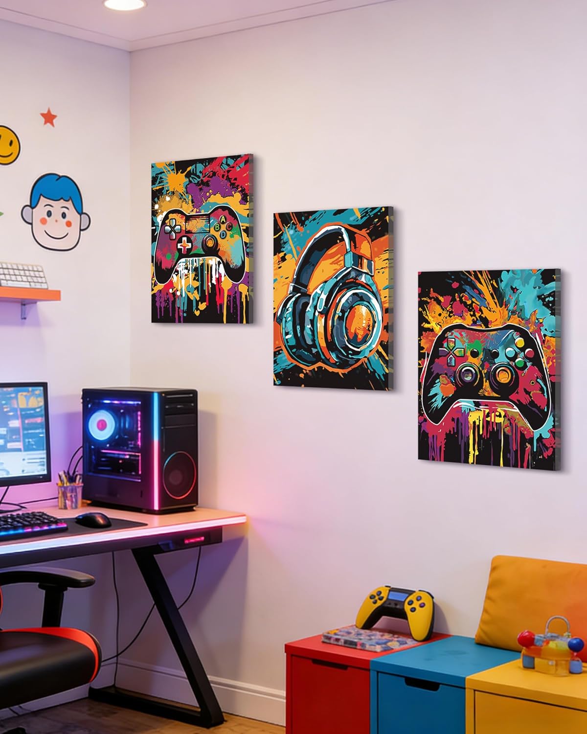PHOPAGO Gaming Wall Art - Cool Watercolor Graffiti Gamepad Prints | 12x16in, Set of 3 for Teen Boys