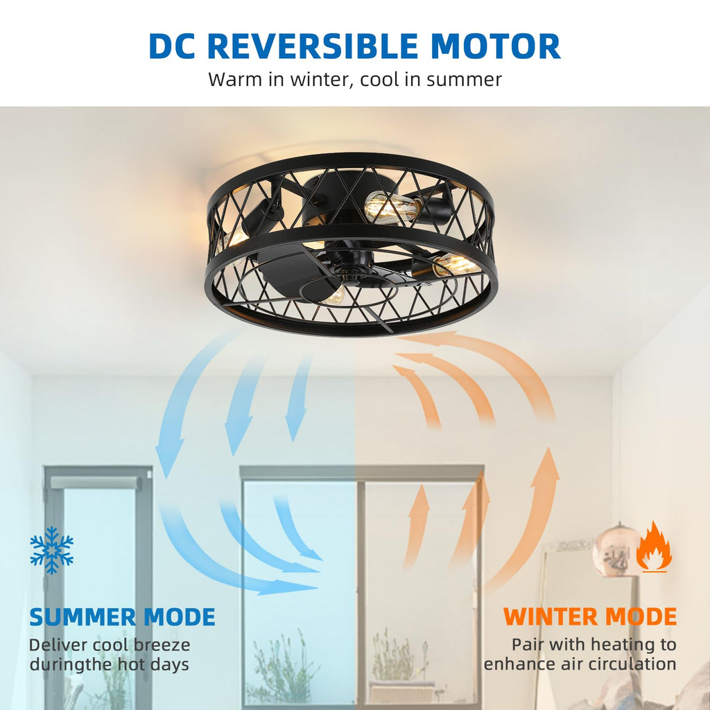 YYEHON 17.7" Caged Ceiling Fan with Light and Remote Control, Flush Mount Bladeless Chandelier Fan, Low Profile Fandelier for Bedroom, Dining Room, Living Room, Kitchen