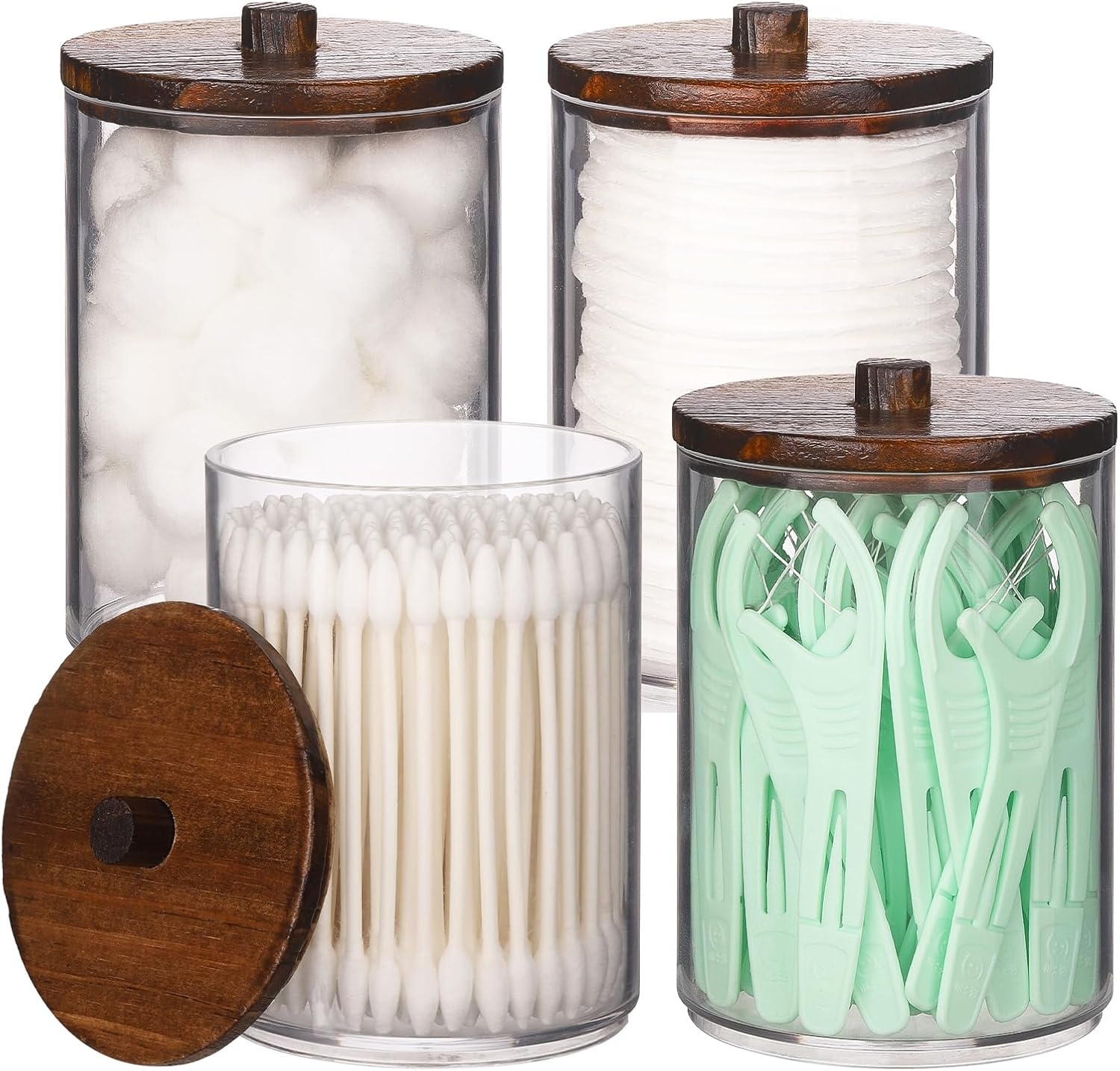 Tbestmax Qtip Holder Bathroom Set - 4 Pack Clear Plastic Organizers with Wood Lids | 10 oz Apothecary Jars for Cotton Balls, Swabs, Floss