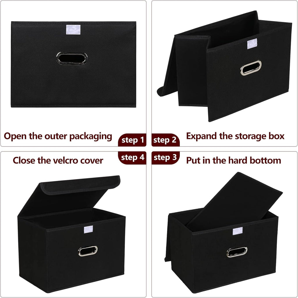 STOREONE Fabric Storage Cube Bins - Foldable Organizer with Lids & Metal Handles | Black, Set of 3