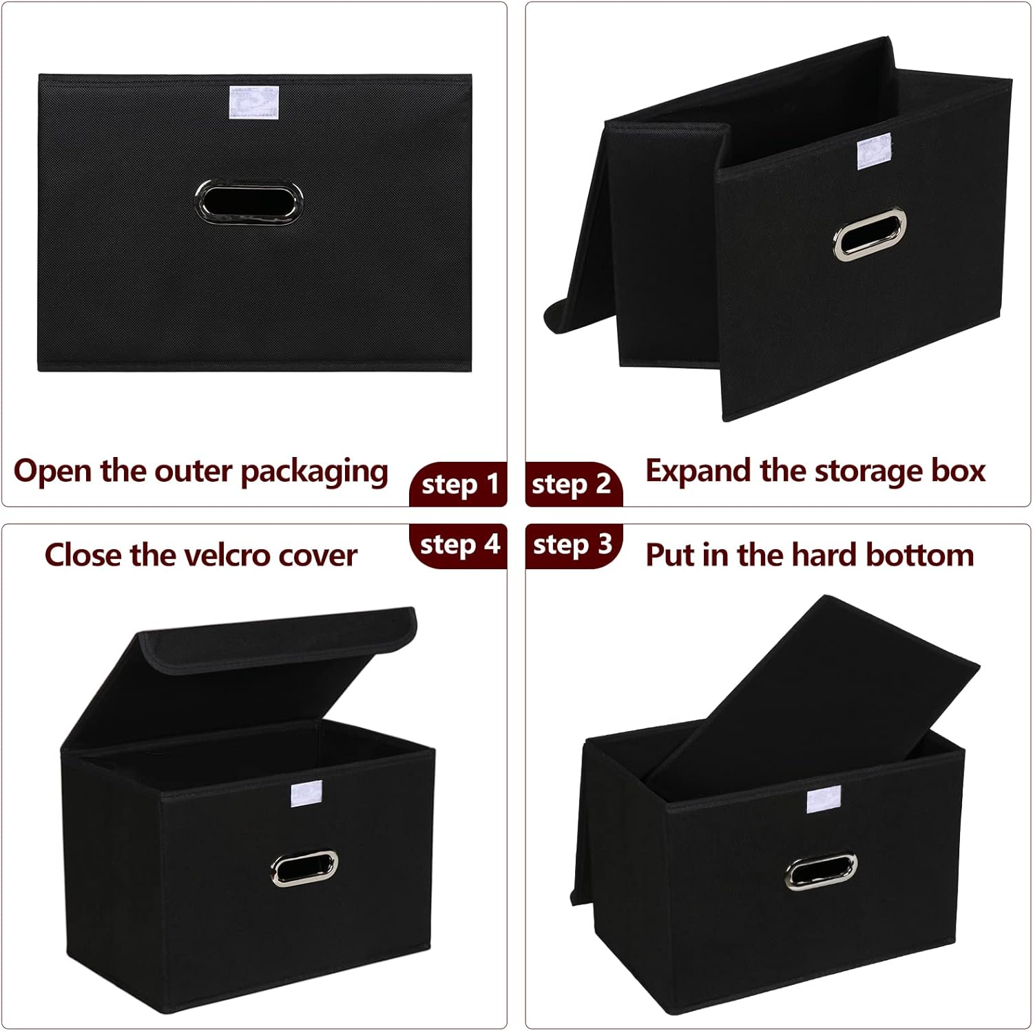 STOREONE Fabric Storage Cube Bins - Foldable Organizer with Lids & Metal Handles | Black, Set of 3