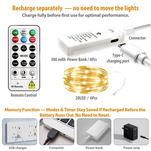 HXWEIYE 6 Pack Rechargeable Fairy Lights Battery Operated with Remote & DIY Timer, 7ft 20LED Mini Twinkle String Light for Mason Jar DIY Wedding Table Centerpieces Party Bedroom Christmas (Warm White)