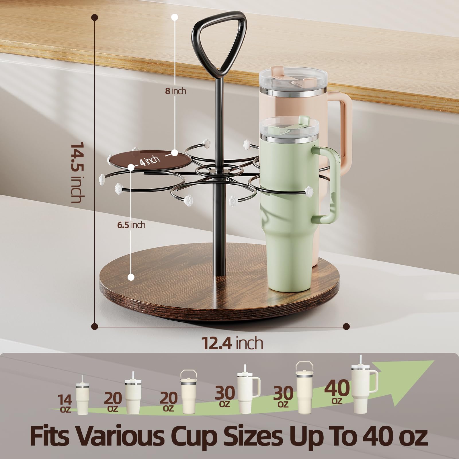 Delamu Water Bottle Organizer for Stanley Cup Organizer Holder Tumbler Storage with Wooden Turntable Base, Detachable Handle for Easy Carry, Stanley Cup Accessories for 40 oz 30 oz 20 oz Cup