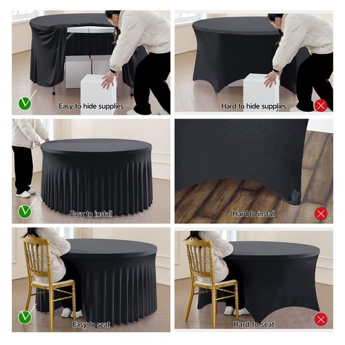 Outpain 6 Pack Black Round Spandex Tablecloth for 60 Inch/5FT Tables - Stretchy Table Cloth with Skirt, Wrinkle-Free Fitted Cloth for Wedding Vendor, Banquet & Graduation Decor (120" Round)