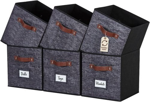 DECOMOMO Storage Bins - Fabric Cube Storage Bins with Labels | 10.5" x 11" | Set of 6, Black Pattern