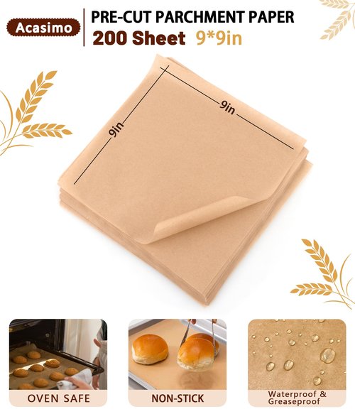 200PCS Parchment Paper Sheets, 9x9in, Squares Baking Paper for Baking, Air Fryer, Steaming, Grilling, Roasting, Wrapping, Precut Non-Stick Square Pan Liners, Oven Paper for Bread (Brown, 9x9 in)