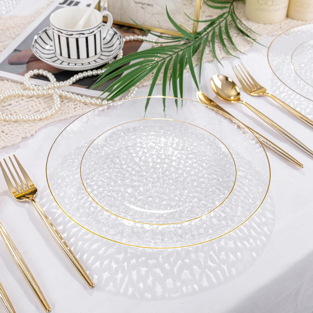 Rubtlamp Clear Plastic Plates - 60 Pcs Heavy-Duty Disposable Plates with Gold Rim | 30 Dinner & 30 Dessert Plates for Weddings & Parties