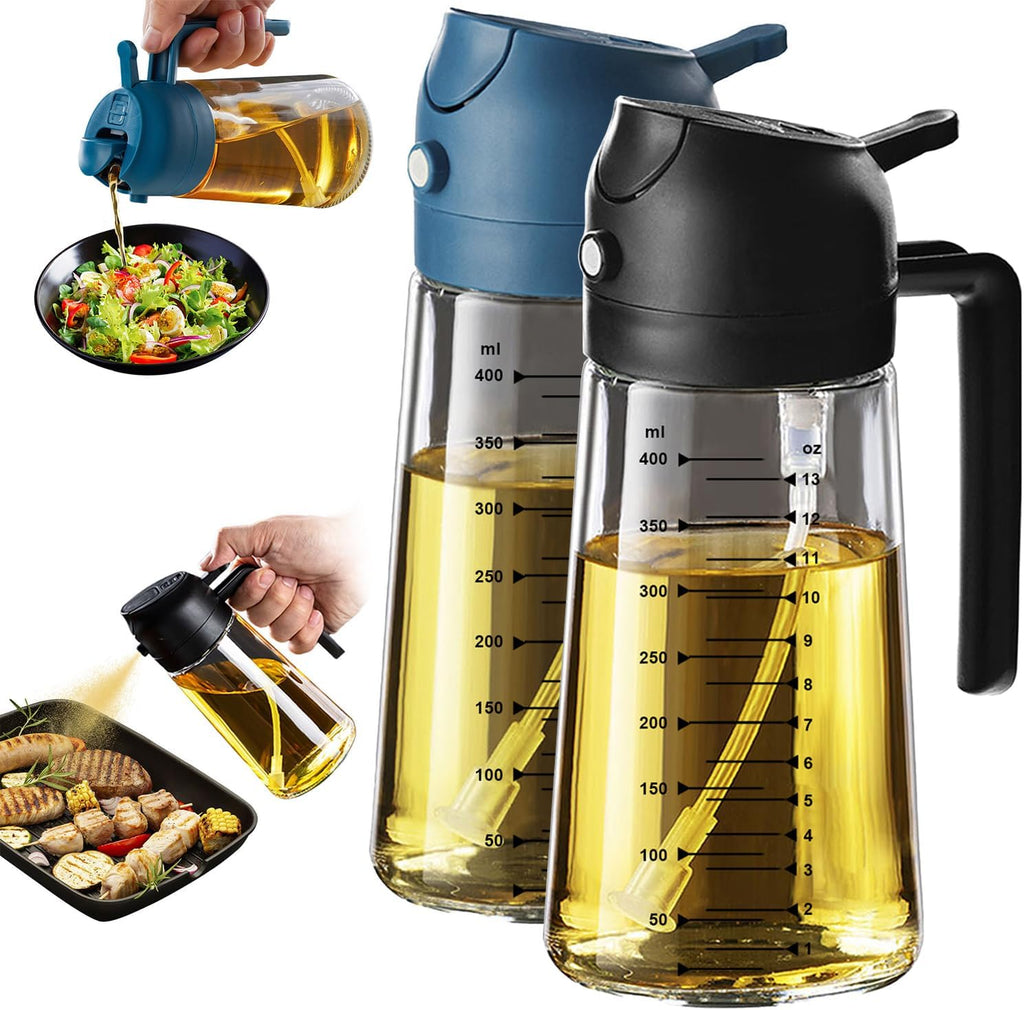 TrendPlain 16oz Glass Olive Oil Sprayer - 2-in-1 Dispenser for Cooking, BBQ & Salad - Black & Navy