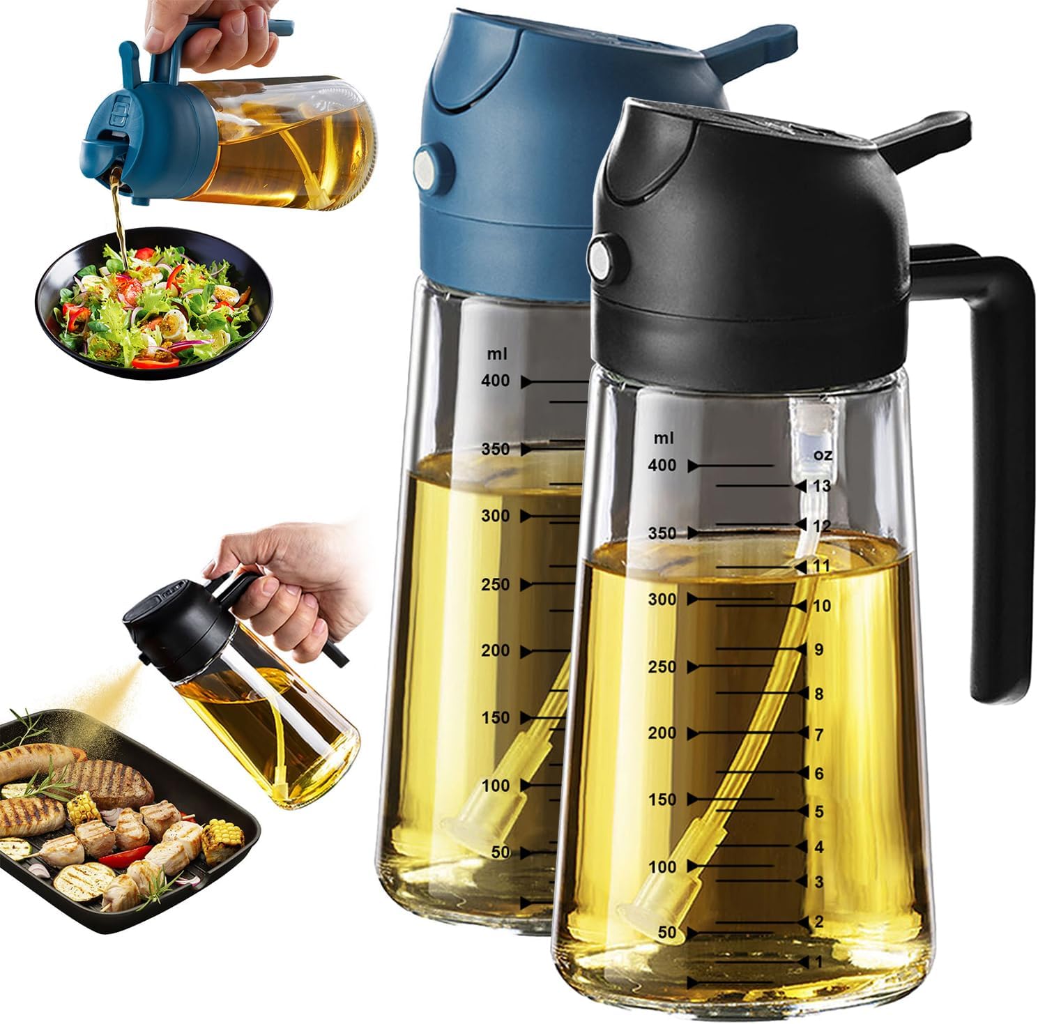 TrendPlain 16oz Glass Olive Oil Sprayer - 2-in-1 Dispenser for Cooking, BBQ & Salad - Black & Navy