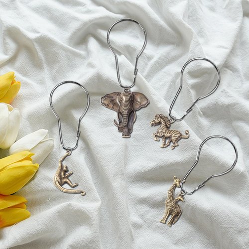 YRMLYMOP Jungle Shower Curtain Hooks,12 Pcs Animal Shower Curtain Hooks, Rainforest Elephant Zebra Monkey Giraffe Tropical Safari Bathroom Curtain House Bathroom Decor Accessorie, Stainless Steel Ring
