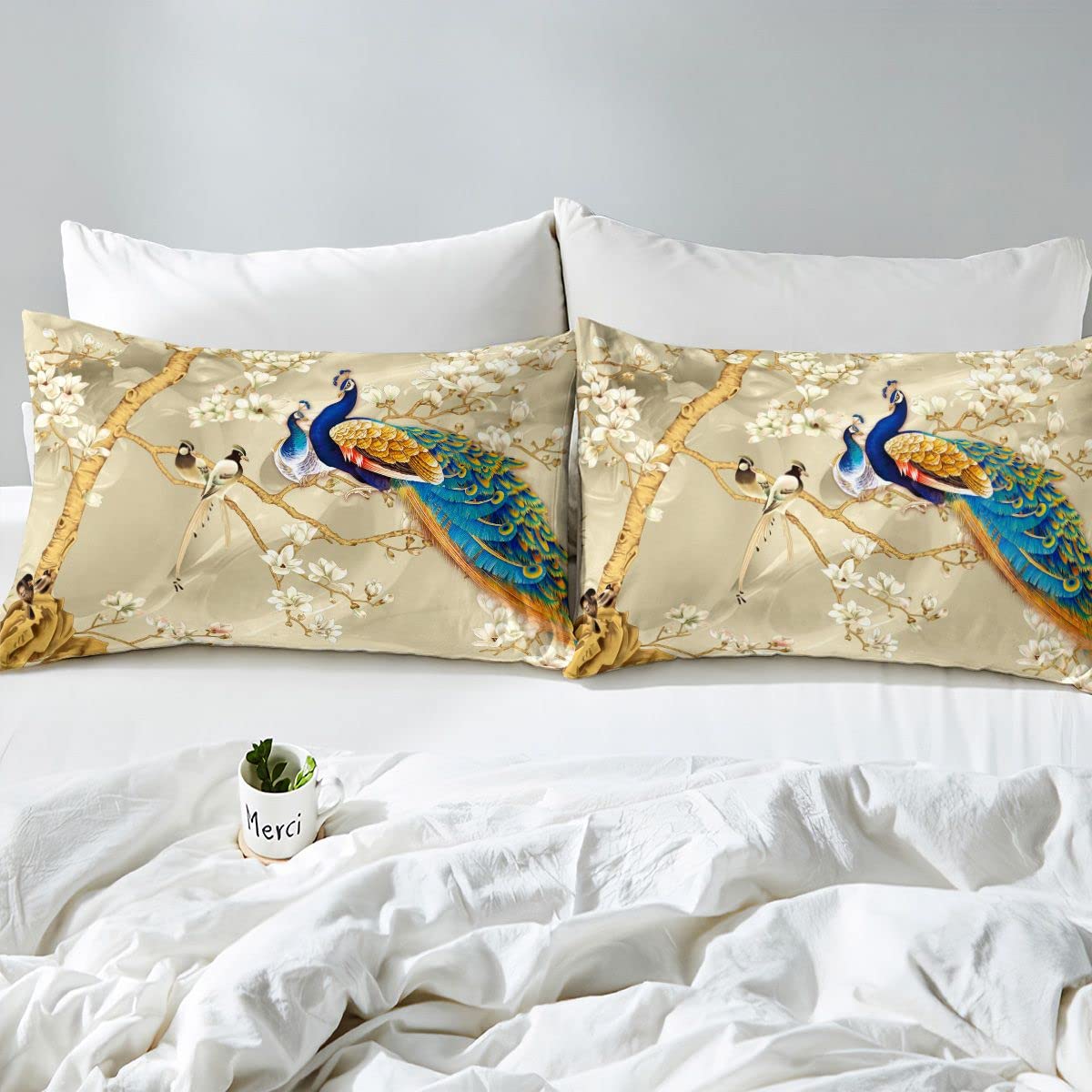 Feelyou Peacock Comforter Cover Set Peacock with Floral Bedding Set for Kids Adults Girls Animals Duvet Cover Botanical Bedspread 1 Duvet with 2 Pillowcases King Size (No Comforter)