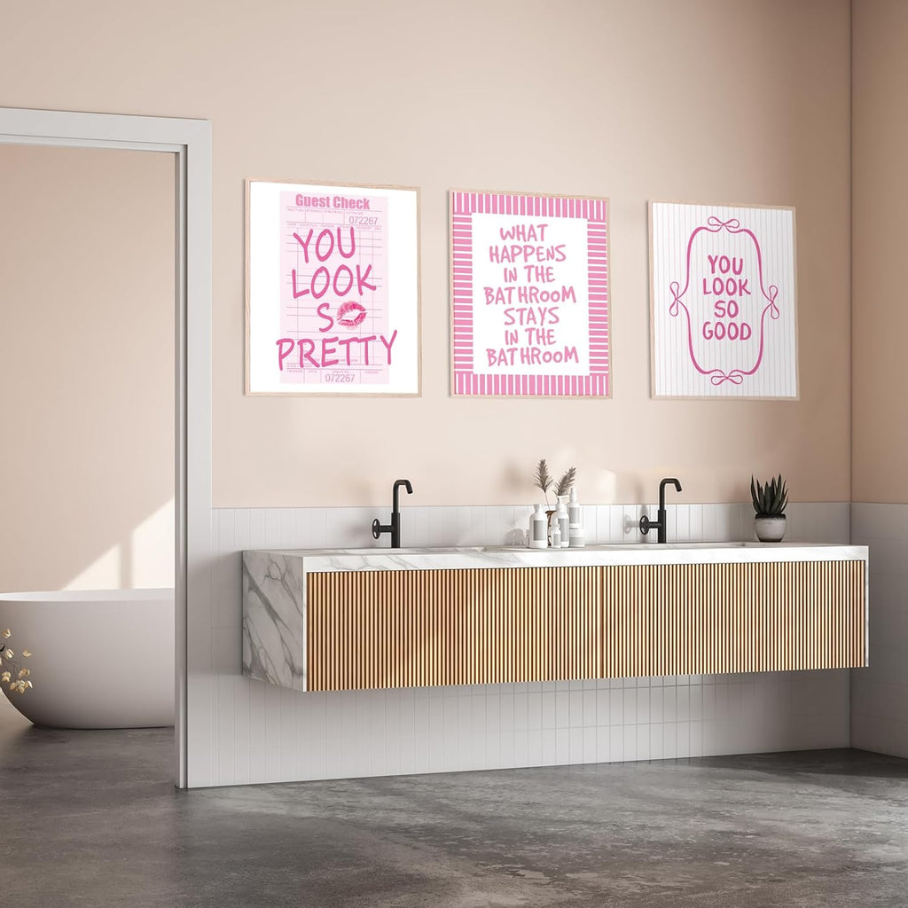 Whaline 6Pcs Pink Bow Bathroom Wall Art Prints - Coquette 8x10 Inch Unframed Decor for Washroom