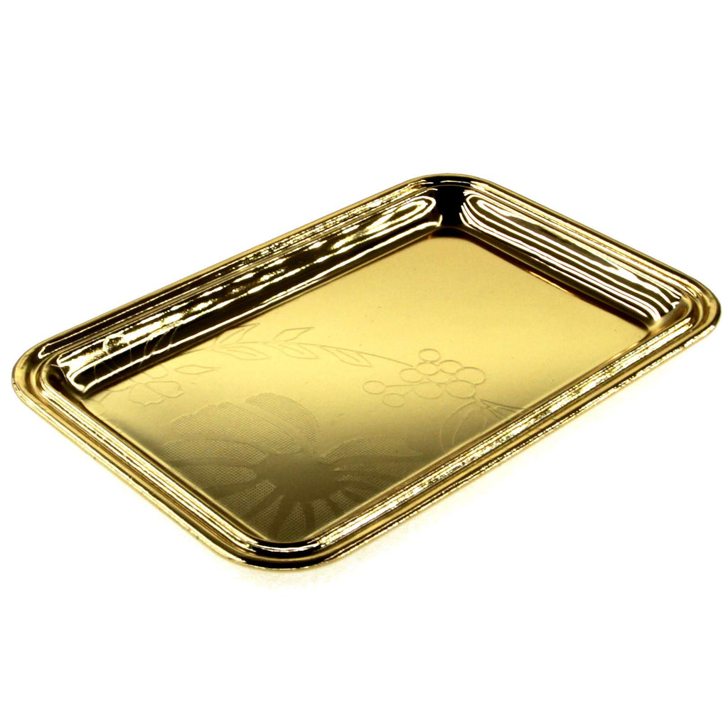 Maro Megastore (Pack of 4) 7 inch x 4.7 inch Rectangular Iron Gold Plated Mirror Serving Tray Floral Engraved Decorative Party Birthday Wedding Buffet Wine Decor Platter Plate Base Dish CC-1155
