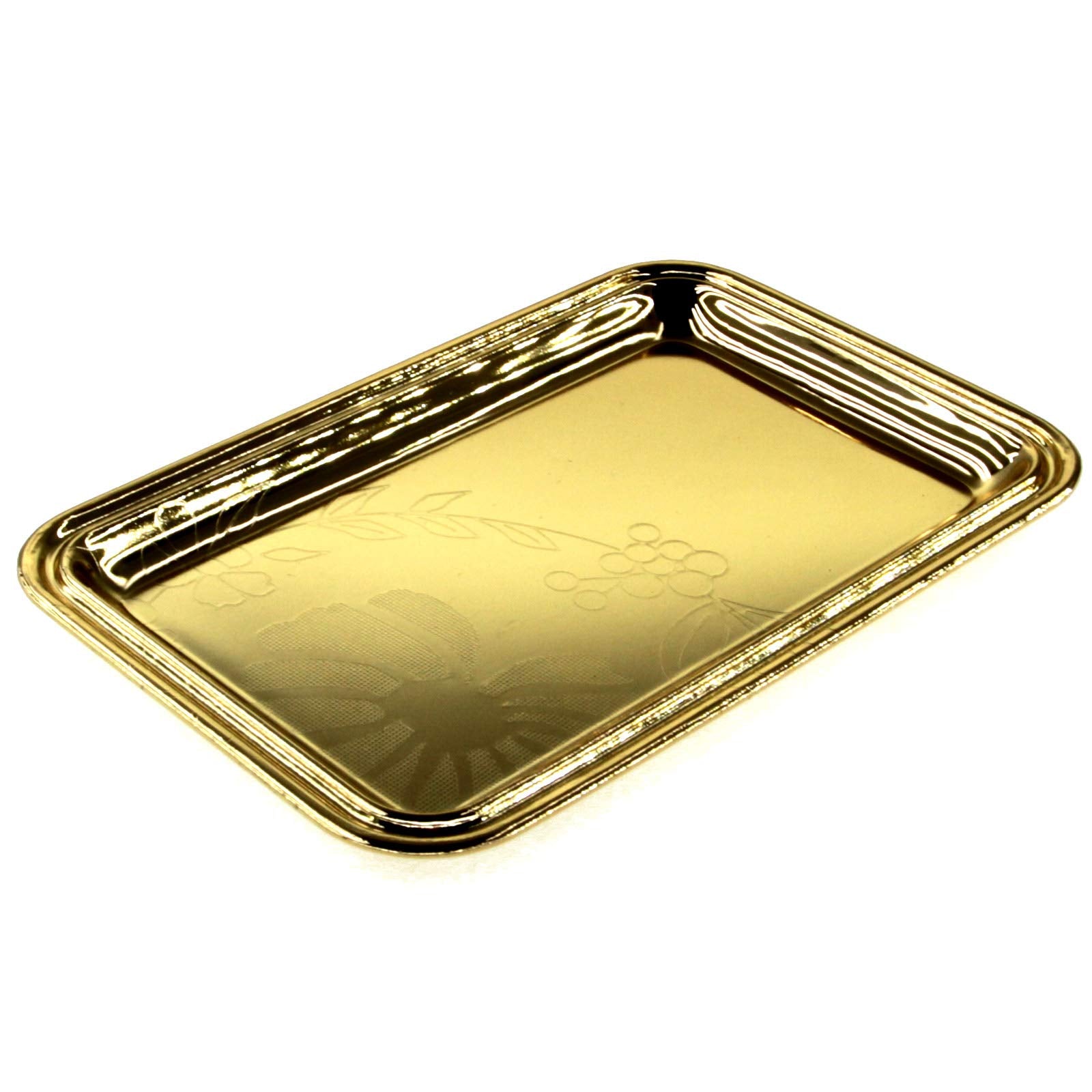 Maro Megastore (Pack of 4) 7 inch x 4.7 inch Rectangular Iron Gold Plated Mirror Serving Tray Floral Engraved Decorative Party Birthday Wedding Buffet Wine Decor Platter Plate Base Dish CC-1155