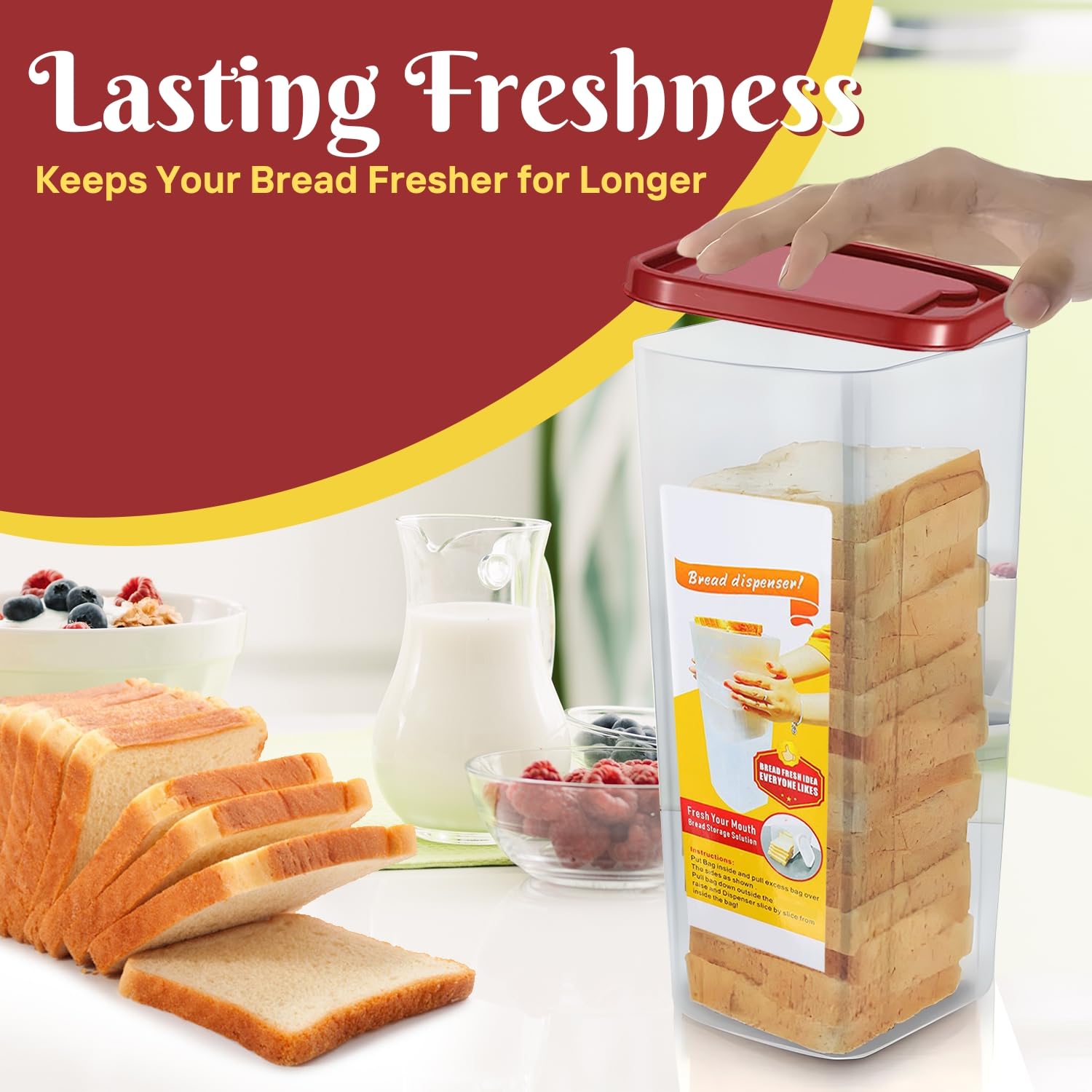 Flexzion 2 Pack Bread Containers Storage Airtight Loaf - Clear Bread Box for Kitchen Countertop BPA-Free Bread Loaf Storage Container Space-Saving & Durable Plastic Bread Container & Dispenser, Red