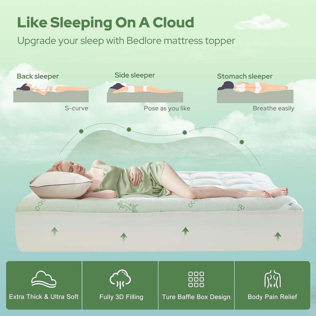 BEDLORE Twin XL Mattress Topper - Soft Bamboo Viscose Pillow Top with Deep Pockets for Comfort
