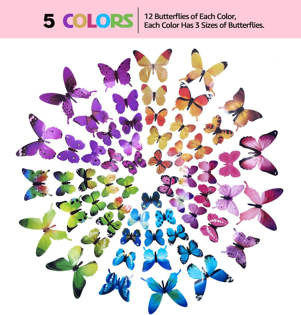 Skiennix 60pcs Butterfly Wall Decor - Vibrant Plastic Wall Art for Parties & Events | Removable Stickers