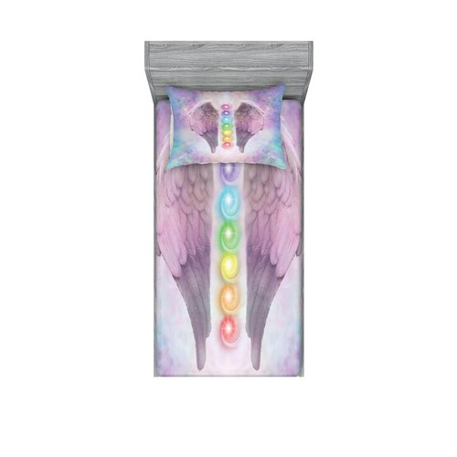 Ambesonne Angel Wings Fitted Sheet & Pillow Sham Set, Angelic Chakras Yoga Ethereal Pastel Psychedelic Theme, Decorative Printed 2 Piece Bedding Decor Set, Twinxl, Light Plum