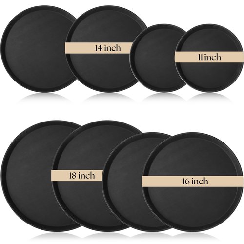 Zopeal 8 Pieces Black Round Restaurant Serving Tray, Plastic Non Slip Surface Food Meals Server Tray with Raised Edges for Home, Kitchen, Restaurant, Cafeteria, Bar (11",14",16",18")