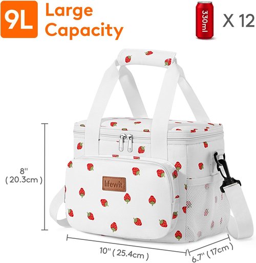 Lifewit Insulated Lunch Bag - Soft Cooler Tote for Adults | Strawberry, 12-Can Capacity (9L)