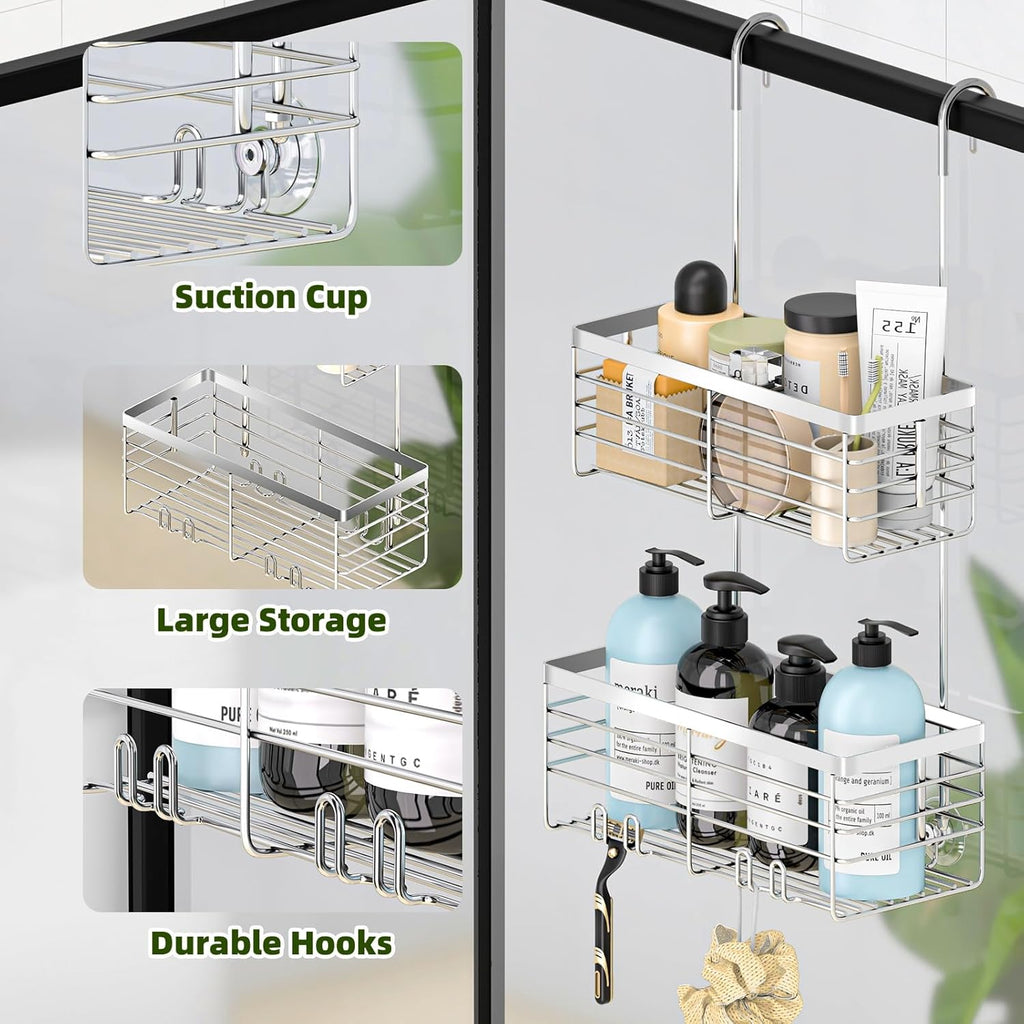 YUOROS Shower Caddy - 2-Tier Over-The-Door Organizer Rack | Rustproof 304 Stainless Steel, Silver Finish