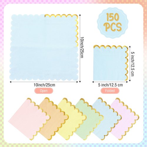 Layhit 150 Pack Pastel Napkins Scalloped Tea Party Napkins with Gold Foil Disposable Ice Cream Party Supplies for Dinner Birthday Wedding Cocktail Beverage Festival(Rainbow Color)
