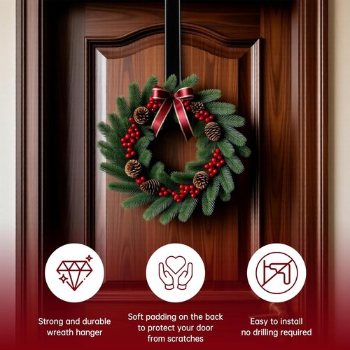 DZZ Adjustable Black Wreath Hanger - 15 to 25 Inch Door Hook for Christmas Decor | 20 lb Capacity