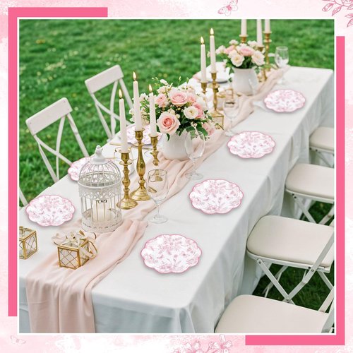NatNarr 30Pcs Pink Floral Paper Plates, 7inch Scalloped Vintage Plates Pink Flower Paper Plate Disposable Tea Party Plate for Garden Party Birthday Baby Bridal Shower Valentines