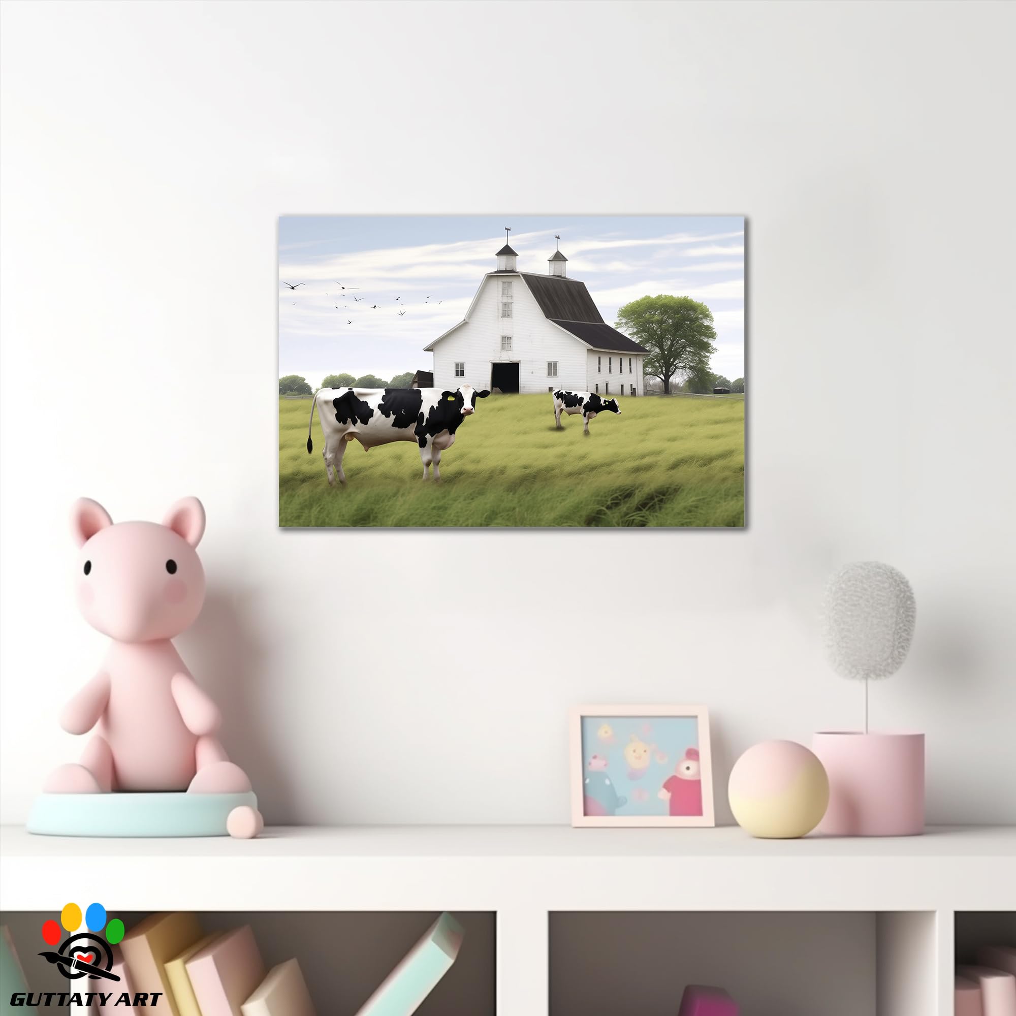 Farmhouse Old Truck Canvas Wall Art, Red Barn Pictures Wall Art, Country Antique Pickup Truck Canvas Prints, Red Truck With USA Flag Art Prints for Automobile Collector or Man Cave Decor 18x24 Inches