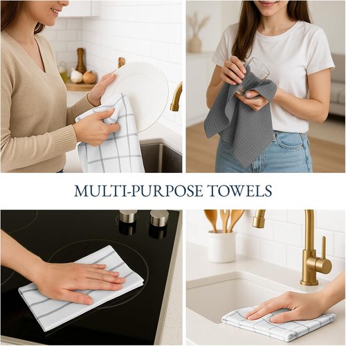 LANE LINEN Cotton Kitchen Towels Set - Absorbent & Quick-Drying Dish Cloths, 6-Pack, 18" x 28", Soft Grey