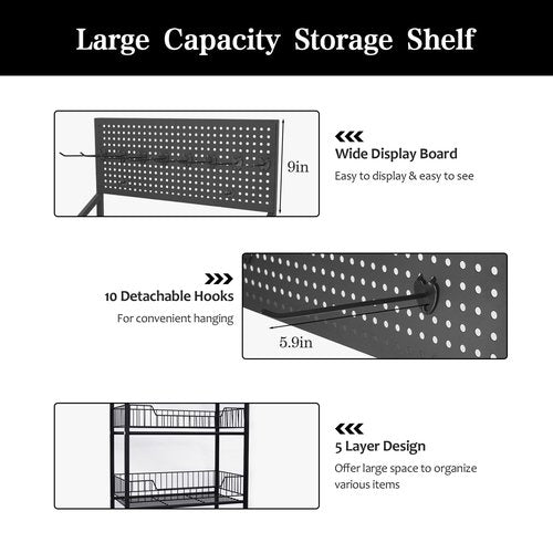 lesolar Retail Snack Display Stand, 5 Tier Snack Candy Potato Chip Display Rack Stand with Wheels & Hooks, Metal Wire Storage Shelves Heavy Duty, Snack Organizer Concession Stand Display Supplies