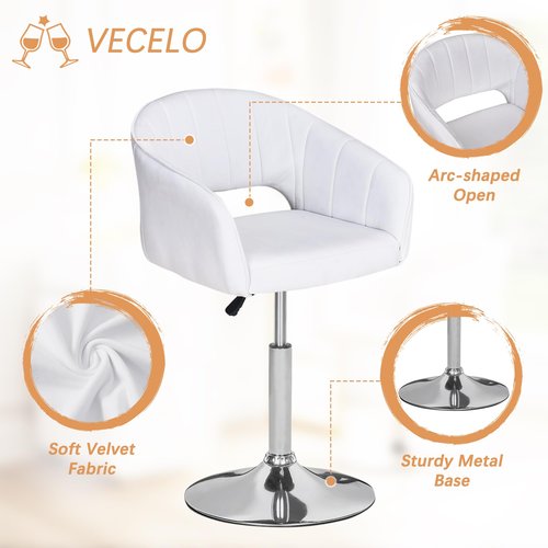 VECELO Velvet Accent Chair, Adjustable Luxury Vanity & Dining Chair with Gold Barstool Base, 360°Swivel Upholstered Armchair for Living Room, Bedroom, Home Office, Pearl White