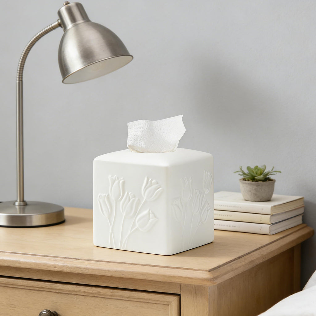 White Ceramic Tulips Tissue Box Cover - Modern Square Decorative Organizer for Facial Tissues, Farmhouse Style Home Decor for Bathroom, Bedroom, Living Room & Office