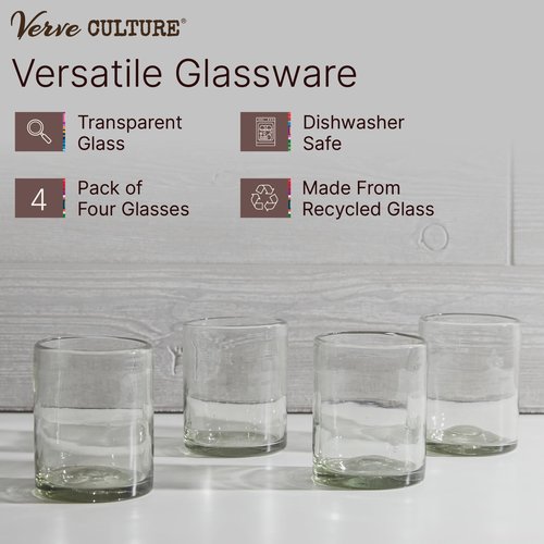 Verve CULTURE Mexican Highball Drinking Glasses, Unique Handblown Glassware, Glass Cups for Cocktails, Juice, Mixed Drinks, Elegant Tabletop Drinkware, Set of 4 (Clear, 13 oz)