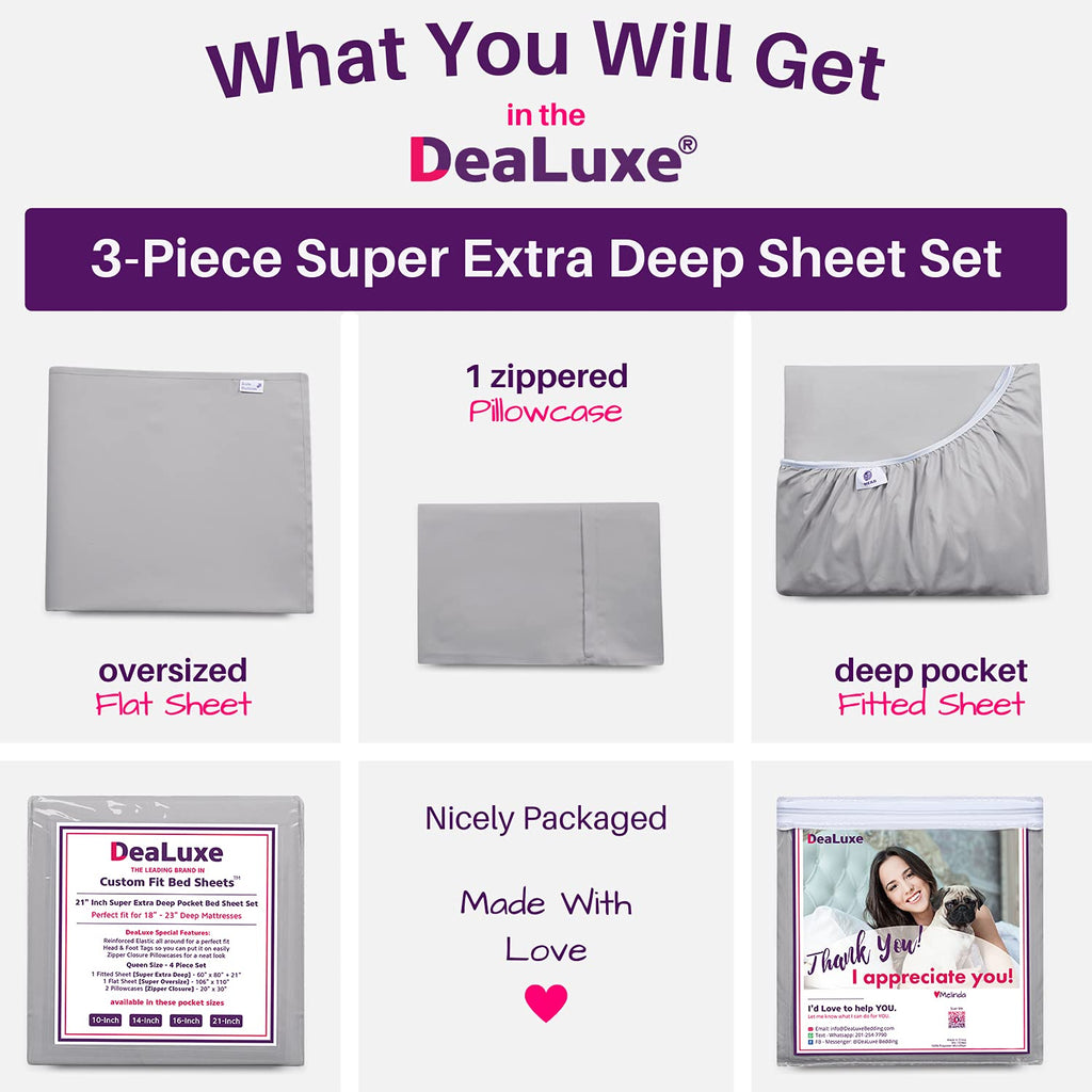 Twin Sheets Set - Twin Bed Sheets Kids Calm Grey - 16" Deep Pockets Fitted Sheet, Oversize Flat Sheet, 1 Zipper Closure Pillowcase