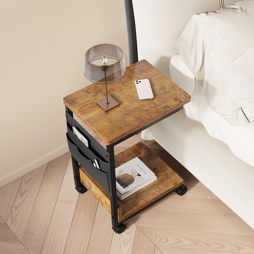 YeTom Side Table,C Table with 2-Tier Storage Shelf, End Table with a Storage Bag, Sofa Table with Wheels for Living Room, Bedroom, Office, Bathroom, Rustic Brown