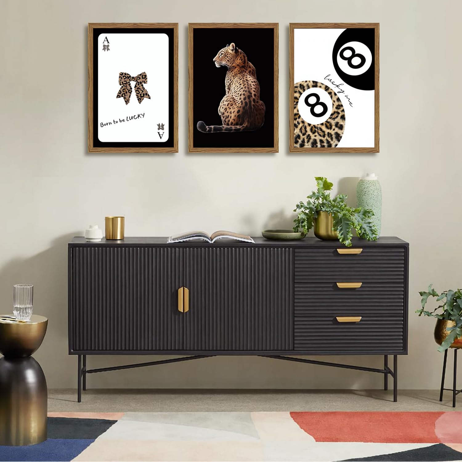 Trendy Cheetah Wall Art Set of 3 Black and White Leopard Bow Wall Decor Painting Lucky 8 Ball Poster Canavs Print Aesthetic for Bedroom Living Room 16x24 inch Wood Framed