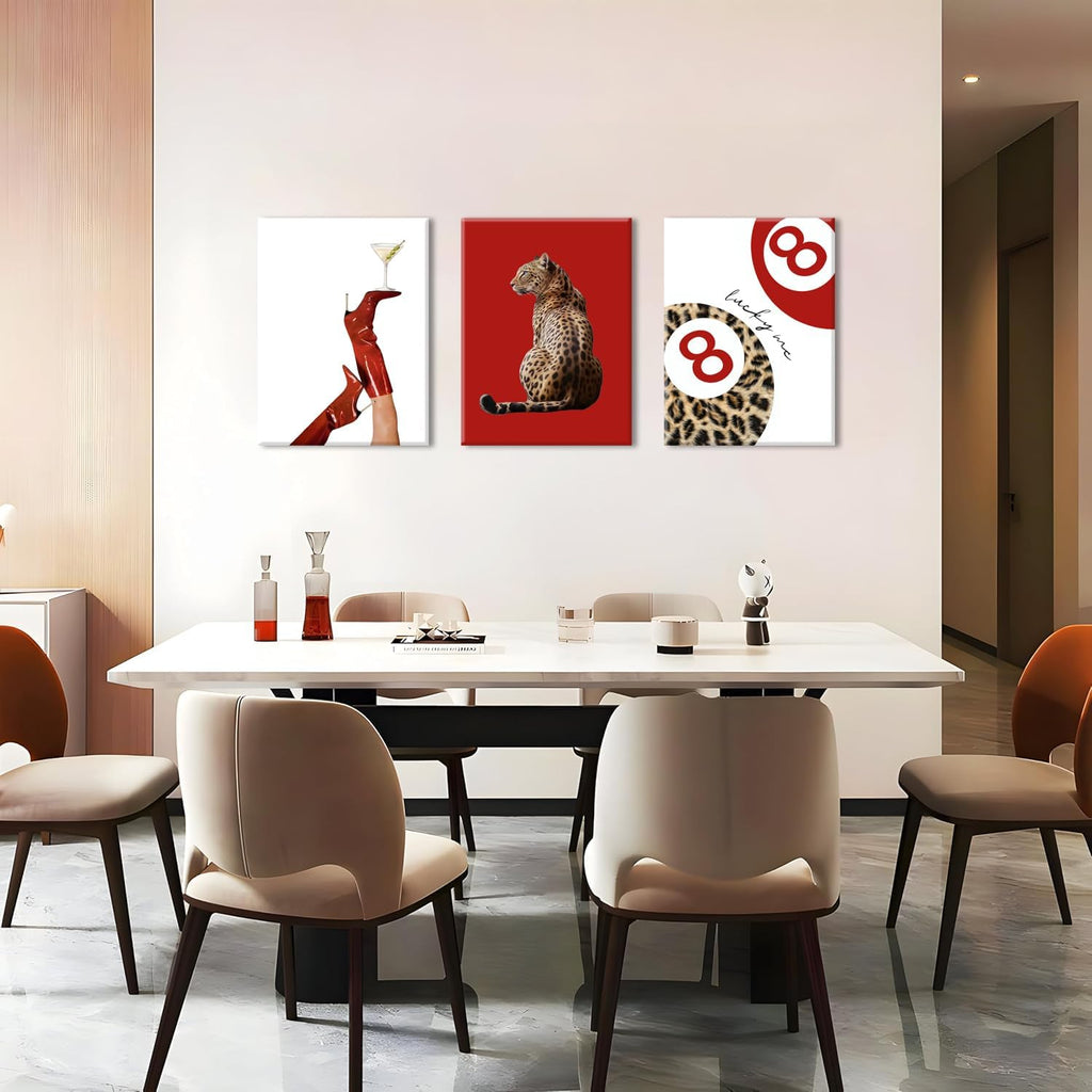 Skiennix Leopard Canvas Wall Art Set of 3 - Red Cheetah High Heel & Lucky 8 Ball Prints | 16x24 Inch Framed Decor for Girls' Bedroom