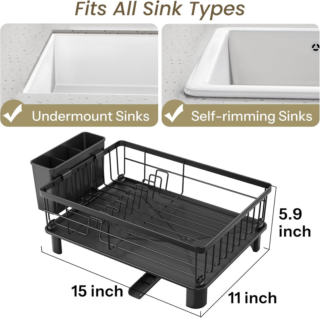 SNTD Dish Drying Rack - Space-Saving Stainless Steel Kitchen Dish Drainer with Utensil Holder | 11" W x 15" L (Black)