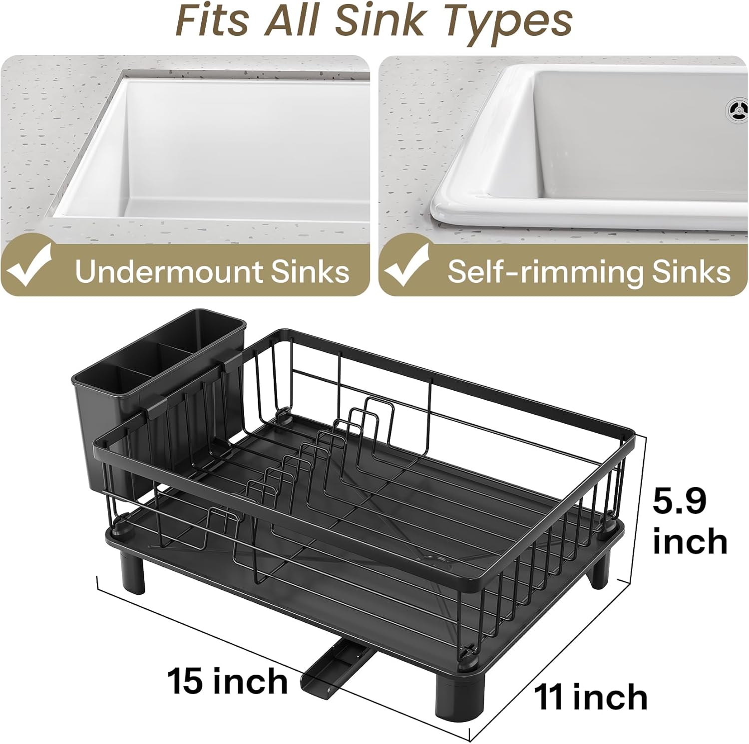 SNTD Dish Drying Rack - Space-Saving Stainless Steel Kitchen Dish Drainer with Utensil Holder | 11" W x 15" L (Black)